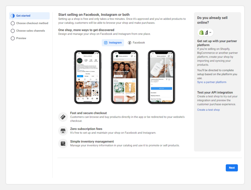 request instagram and facebook shop storefront